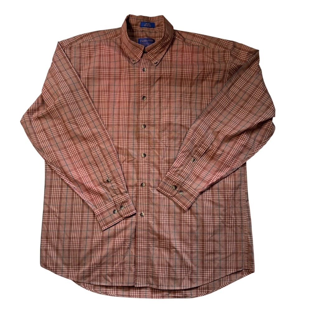 Pendleton Mens Plaid Button Down Shirt Rust Tan 100% Cotton Long Sleeve XL